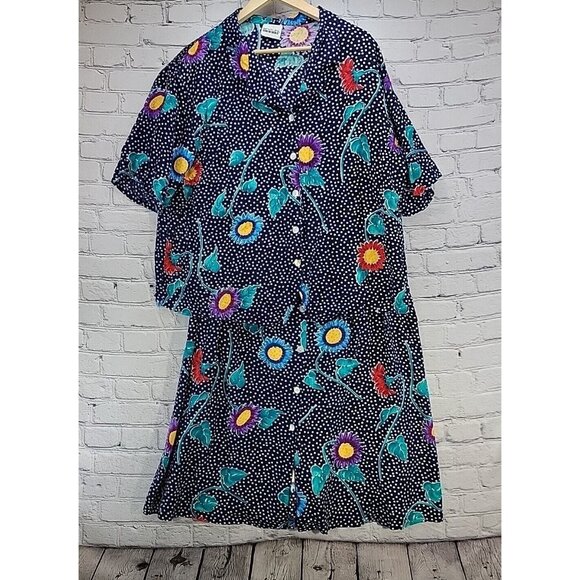 Vintage Bentley Woman Skirt Set Sz XL Blue Floral Modest Shoulder Pads Pockets - Picture 1 of 16